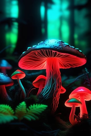in a deep dark forest there is wild mushrooms grow with red bioluminescent, their spores fly with sparkling red, green moss grows around it with green bioluminescent, (neon effect: 1.3), ((bioluminescent: 1.4)), ultra-detailed, realistic, 8k, aspect ratio 4:3,LuminescentCL
