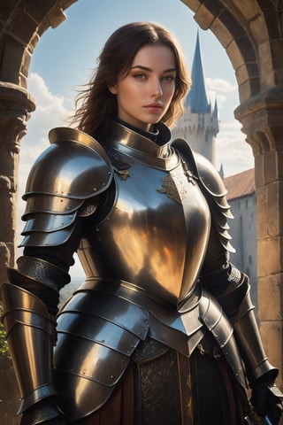 1girl, 24 years old girl, full_body, standing, A majestic female paladin stands resolute before the imposing castle gates, her plate armor glistening in the warm sunlight. Her gaze is steady, hand resting on the hilt of her long sword, its leather scabbard worn and battle-worn. The knight's portrait is framed by the grandeur of the castle walls, magical cosmic nebula as a background, Arsen Lupin, dressed as a human male paladin, stands proud, his armor polished to a mirror finish, reflecting the bravery within, (masterpiece: 1.2), (realistic, hyper-realistic: 1.2), (ultra detailed features: 1.1), 16k resolution, high_quality,royal knight,more detail XL