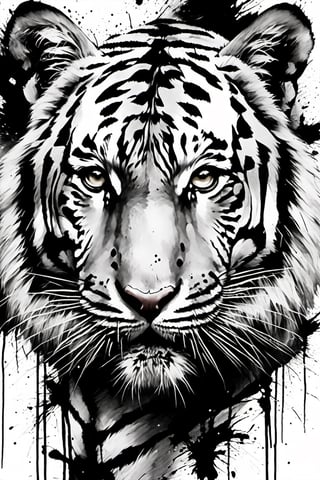 a painting of tiger, oil painting, black and white painting, ((black white color)), ink splashes all over the canvas,ink ,halsman