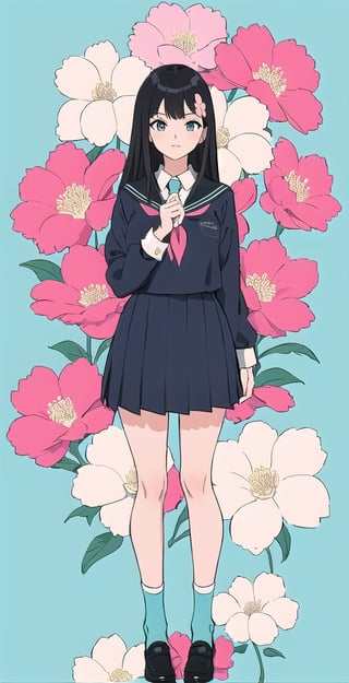 young woman, abstract black and white background, sky blue and light pink clothing theme, long black hair, schoolgirl costume,nemu, flowers around, long fishnet socks,Giselle Gewelle