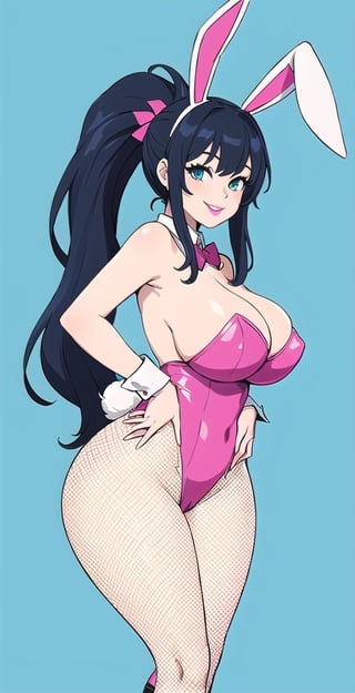 pretty woman girl, long hair, black blue hair, white theme, smile, big boobs, (trigger-art-style: 1.0), pink lips, big hips, tight fishnet socks, bunny girl costume, abstract blue background, ponytail