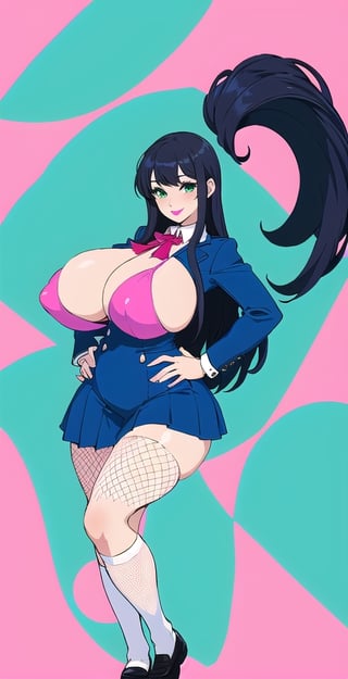 pretty woman girl, long hair, black blue hair, white and green theme, smile, big boobs, (trigger-art-style: 1.0), pink lips, big hips, tight fishnet socks, schoolgirl uniform, abstract green background