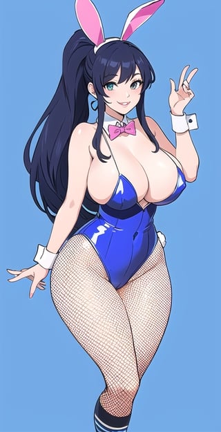 pretty woman girl, long hair, black blue hair, white theme, smile, big boobs, (trigger-art-style: 1.0), pink lips, big hips, tight fishnet socks, bunny girl costume, abstract blue background, ponytail
