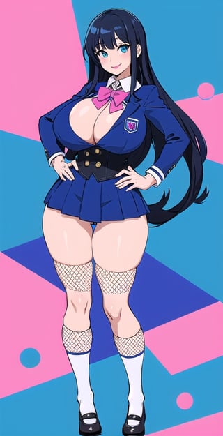 pretty woman girl, long hair, black blue hair, white theme, smile, big boobs, (trigger-art-style: 1.0), pink lips, big hips, tight fishnet socks, schoolgirl uniform, abstract blue background