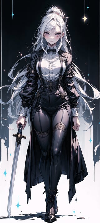 A girl, wearing a tuxedo, with long white hair, holding a western sword in her left hand, suspenders, long legs, sexy, with a cold expression