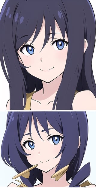 woman, long black hair, (saturated colors: 1.1), smile, (white-blue-background: 1.1), poster theme, (hibike euphonium-style: 1.1)