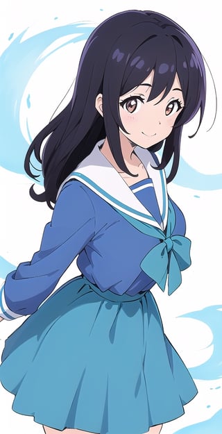 woman, long black hair, smile, (white and light blue-background: 1.1), (hibike euphonium-style: 1.1), schoolgirl, pretty, cute