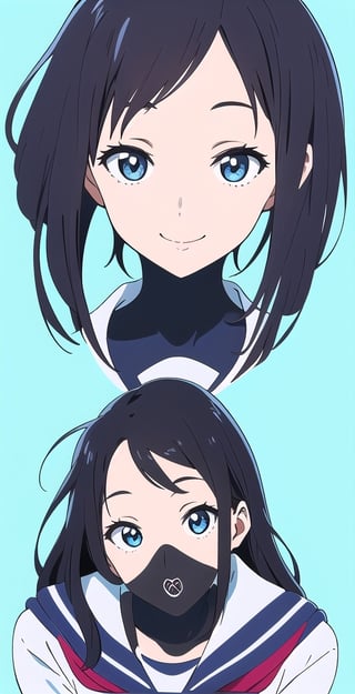 woman, long black hair, (saturated colors: 1.1), smile, (white and light blue-background: 1.1), schoolgirl uniform, pretty girl, clear texture, professional illustration, pro art, black hair,koe no katachi