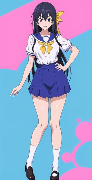 pretty woman girl, long hair, schoolgirl uniform, white theme, smile, (kyoto animation-art-style: 1.0),eft_nisekoi_chitoge, black hair, pink lips, big hips, tight fishnet socks, abstract blue background