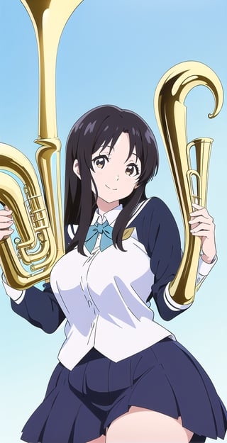 woman, long black hair, smile, (white and light blue-background:1.1), (hibike euphonium-style:1.1), schoolgirl, pretty, big hips,koe no katachi