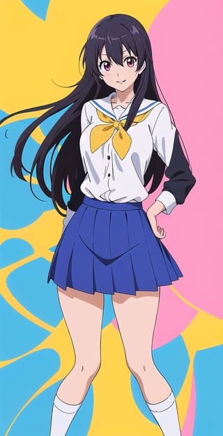 pretty woman girl, long hair, schoolgirl uniform, white theme, smile, (kyoto animation-art-style: 1.0),eft_nisekoi_chitoge, black hair, pink lips, big hips, tight fishnet socks, abstract blue background