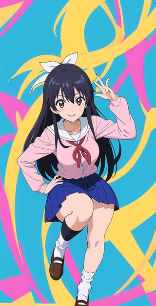 pretty woman girl, long hair, schoolgirl uniform, white theme, smile, (kyoto animation-art-style: 1.0),eft_nisekoi_chitoge, black hair, pink lips, big hips, tight fishnet socks, abstract blue background