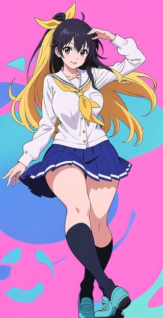 pretty woman girl, long hair, schoolgirl uniform, white theme, smile, (kyoto animation-art-style: 1.0),eft_nisekoi_chitoge, black hair, pink lips, big hips, tight fishnet socks, abstract blue background