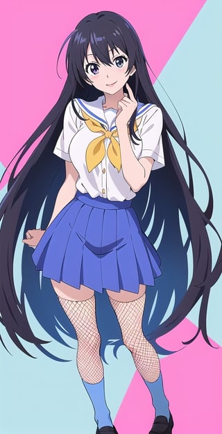 pretty woman girl, long hair, schoolgirl uniform, white theme, smile, (kyoto animation-art-style: 1.0),eft_nisekoi_chitoge, black hair, pink lips, big hips, tight fishnet socks, abstract blue background