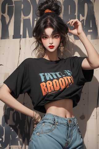  A beautiful girl with a slim figure is wearing a black shirt and laid-back hippie-style orange long top and baggy pants, fashion style clothing. Her toned body suggests her great strength. The girl is dancing hip-hop and doing all kinds of cool moves.,Sohwa,medium full shot
