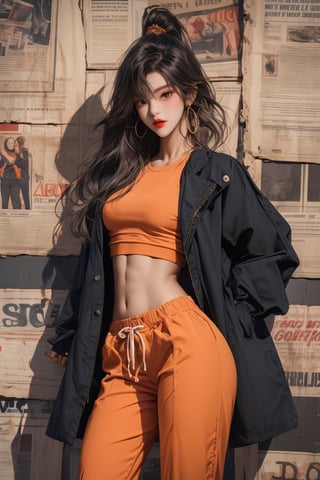  A beautiful girl with a slim figure, she is wearing a black tol and orange long coat and baggy pants, fashion style clothing. Her toned body suggests her great strength. The girl is dancing hip-hop and doing all kinds of cool moves.,Sohwa,medium full shot