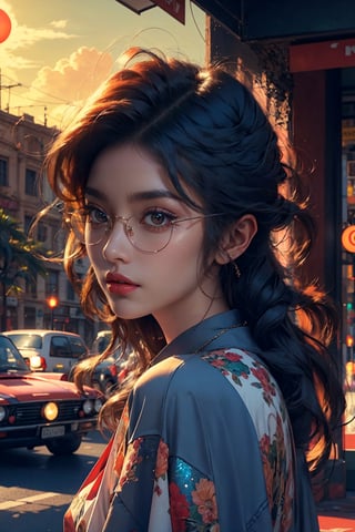 1girl, solo, long hair,oil painting, impasto, front looking  view, black hair, sweater,red eyes,close, lips,brown skin, necklace,hunter eyes,sharp eyes,glitter,flirty gaze,lips, gray background,circlet,(black glasses,retro contrast), portrait, cinematic lights, lofi atmosphere, lofi sunset light, masterpiece,beautyniji,nijistyle,niji,Retro