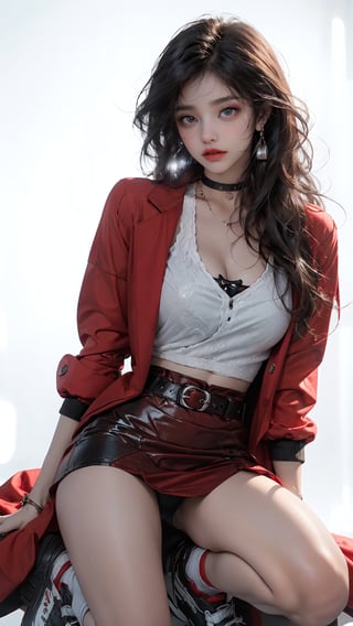(Cinematic lighting, bloom), (Best Quality, Masterpiece, high resolution), (beautiful and detailed eyes), (realistic detailed skin texture), (detailed hair), (realistic light and detailed shadow), (masterpiece, 8k), a teen girl, (((solo))), (((black long hair))), (((red full sleeve top))), (((red coat))), (((black skirt))), (((waist obi belts))), (((choker))), (((sneakers))), Confidence and pride, teen 1_girls,beauty,Young beauty spirit, realistic, ultra detailed, photo shoot,(brilliant composition),(((fullwhite_background ))),full_body,midjourney