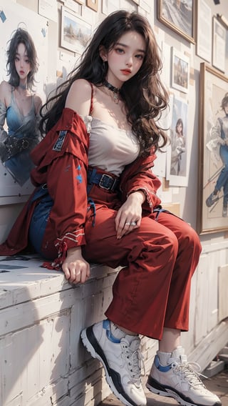 (Cinematic lighting, bloom), (Best Quality, Masterpiece, high resolution), (beautiful and detailed eyes), (realistic detailed skin texture), (detailed hair), (realistic light and detailed shadow), (masterpiece, 8k), a teen girl, (((solo))), (((black long hair))), (((red full sleeve top))), (((red coat))), (((blue Palazzo pants))), (((waist obi belts))), (((choker))), (((sneakers))), Confidence and pride, teen 1_girls,beauty,Young beauty spirit, realistic, ultra detailed, photo shoot,(brilliant composition),(((sitting on art wall))),full_body