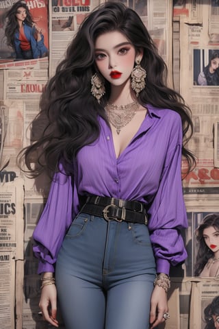1girl, (masterpiece, best quality, ultra detailed, absurdres)1.5, long hair, bare legs, long hair
looking at viewer
long sleeves
jewelry
black hair
cowboy shot
earrings
long necklace
indoors
purple shirt
jeans
Waist belt
lips
wavy hair
red lips,chung,newspaper wall,fashiongirl