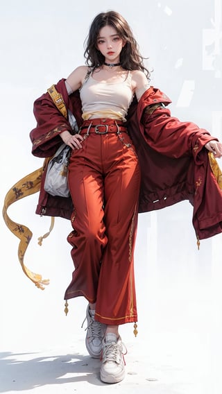 (Cinematic lighting, bloom), (Best Quality, Masterpiece, high resolution), (beautiful and detailed eyes), (realistic detailed skin texture), (detailed hair), (realistic light and detailed shadow), (masterpiece, 8k), a teen girl, (((solo))), (((black long hair))), (((red full sleeve top))), (((red coat))), (((yellow Palazzo pants))), (((waist obi belts))), (((choker))), (((sneakers))), Confidence and pride, teen 1_girls,beauty,Young beauty spirit, realistic, ultra detailed, photo shoot,(brilliant composition),(((white_background ))),full_body