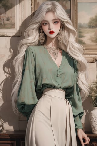 1girl, (masterpiece, best quality, ultra detailed, absurdres)1.5, long hair, bare legs, long hair
looking at viewer
long sleeves
jewelry
white hair
earrings
long necklace
indoors
green shirt
long layers skirt
Waist ribbon
lips
wavy hair
red lips,fashiongirl.,Sohwa,medium full shot