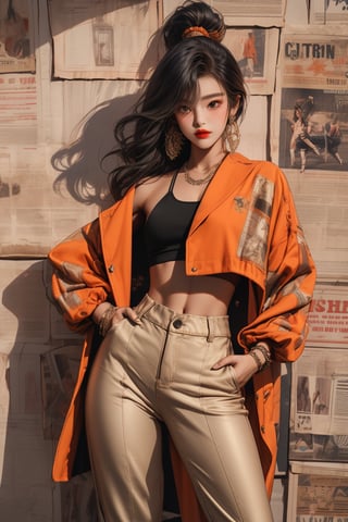  A beautiful teen girl with a slim figure, she is wearing a black tol and orange long coat and Palazzo pants, fashion style clothing. Her toned body suggests her great strength. The girl is dancing hip-hop and doing all kinds of cool moves.,Sohwa,medium shot