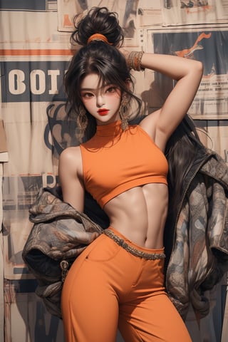  A beautiful teen girl with a slim figure, she is wearing a black tol and orange long designed fur coat and designed Palazzo pants, fashion style clothing. Her toned body suggests her great strength. The girl is dancing hip-hop and doing all kinds of cool moves.,Sohwa,medium shot