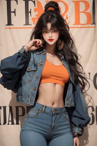  A beautiful girl with a slim figure is wearing a cool jacket and laid-back hippie-style orange crop top and loose pants, hip-hop style clothing. Her toned body suggests her great strength. The girl is dancing hip-hop and doing all kinds of cool moves.,Sohwa,medium full shot
