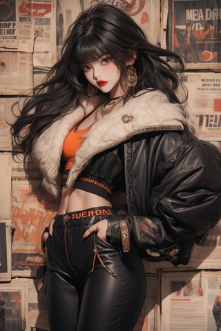  A beautiful teen girl with a slim figure, she is wearing a black tol and orange long designed fur coat and designed cotton pants, fashion style clothing. Her toned body suggests her great strength. The girl is dancing hip-hop and doing all kinds of cool moves.,Sohwa,medium shot