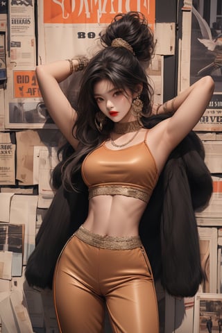  A beautiful teen girl with a slim figure, she is wearing a black tol and orange long designed fur coat and Palazzo pants, fashion style clothing. Her toned body suggests her great strength. The girl is dancing hip-hop and doing all kinds of cool moves.,Sohwa,medium shot
