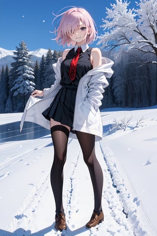 female_solo, smile,turning around, Mash Kyrielight,white coat,black sleeveless shirt,red tie,black skirt, black pantiehose,brown shoes,snow_scene_background