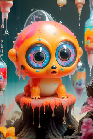tiny colourful creatures with big round eyes float around inside a lava lamp ,dripping paint