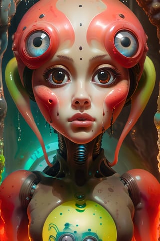 a human female body with an cute alien head and big round eyes inside a lava lamp,seen from a distance,dripping paint