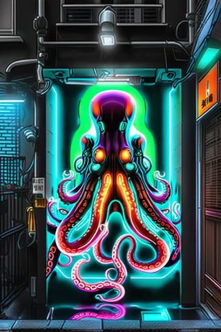 neon style,bingnvwang, octopus inside the belly of a female android, full body, back-alley, seen from below, best quality, supreme details 