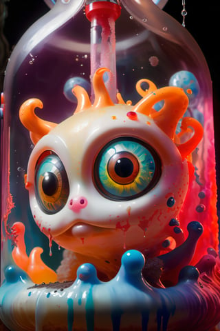 tiny colourful creatures with big round eyes float around inside a lava lamp ,dripping paint