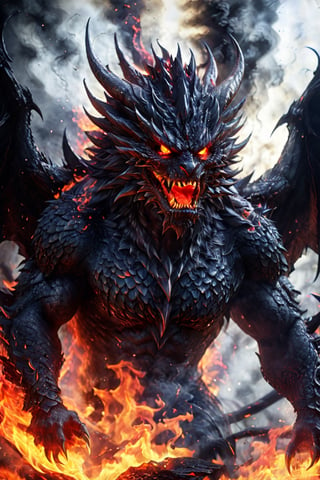Create a hyper-realistic image of a black demon , realistic demon scales, embodying the black white flame. His scales are fiery red, his eyes burn with rage, and his breath is a searing inferno, ready to unleash his fury on anyone who dares cross his path.,demon