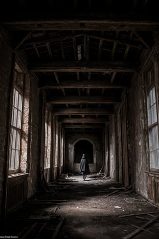 A hauntingly beautiful scene unfolds as a lone figure, a man clad in a worn cloak, floats eerily within the crumbling confines of an abandoned structure. The air is heavy with the weight of nostalgia, illuminated only by the faint glow emanating from his very being. Vintage ruins loom in darkness, their peeling walls and creaking wooden beams seeming to whisper secrets as he drifts effortlessly through the dimly lit space.