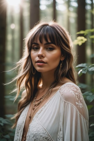 RAW photo, An Instagram model in a picturesque forest, dressed in boho-chic attire, Bangs with layers, Two-tone hair color, surrounded by lush greenery and sunlight filtering through the trees, embracing the serenity of nature, documentary photography, creative shadow play, detailed skin, skin blemish, 