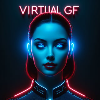 (("VIRTUAL GF")) in front of (Modernist photograph:1.3) of a female AI entity made of illuminated red highlights and blue electricity (cyan, black, neon, glow:1.5), ((slight illuminated human blue eyes:1.2)), vaporwave aesthetics,  vignette,  highest quality,  detailed and intricate,  ((Ai_Art_excellence)), concept art,  original shot, text logo, dark background, Text,3D Mesh,make_3d