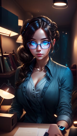  Marliya, AI personal assistant, poised in a home office, minimal Scandinavian design, gorgeous blue eyes, brunette hair let out of a bun styled in a way that made her look and feel sexy, removing her work attire reflexed her level of arousal. smart-feminine-gorgeous and horny. Make the glasses sexy.(authentic:1.3) (professional:1.2) (modern tech ambience:1.4) (cinematic lighting:1.3) (neutral palette:1.1) (crisp) (stylish) (efficient), 
