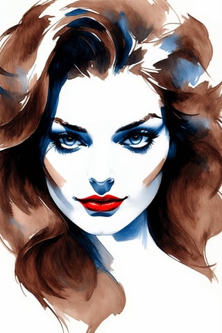 Pencil Sketch of an incredibly beautiful 25 years old young woman, with brown hair, alluring, portrait, ink drawing, illustrative art, soft lighting, detailed, more Flowing rhythm, elegant, low contrast, upper body, add soft blur with thin line, red lipstick, blue eyes., aesthetic portrait