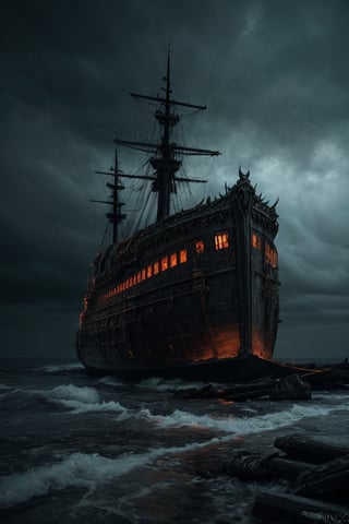 In this masterpiece of dark fantasy gothic style, a massive ghost ship, its hull weather-weathered and decayed, is stranded on a desolate rocky coastline. A stormy sky looms ominously above, casting the scene in a hauntingly surreal light. The rough texture of dry brushstrokes adds to the forsaken atmosphere.

A radiant glow surrounds a young girl, adorned in white ancient clothes, with closed eyes. She's cradled within the arms of a malevolent demon king, his black spiky armor intricately detailed and extremely detailed. His skull-like visage glows with an otherworldly aura.

The scene is set against a backdrop of sinister surroundings, with supernatural, hellish environments blending eerie elements and imagery. The color palette features muted tones, dim colors, and soothing hues, with hints of teal, red, black, and orange (HDR:1.4). The overall effect is cinematic, with low saturation and an air of eternal twilight.

Concept art by Victor Lee, Principal Concept Artist at Blizzard Entertainment, Diablo IV.