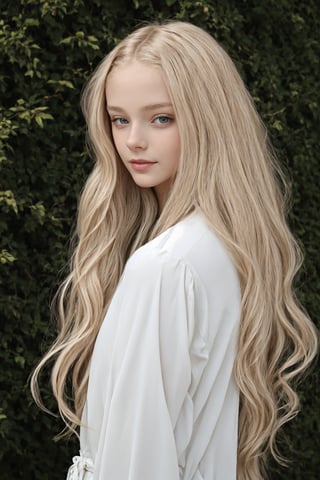 Soft focus portrait of a preteen girl with delicate facial features and youthful physique, her long blonde hair cascading down her back like a river of silk. She wears vibrant, laid-back clothing that complements her natural charm. The subject's relaxed posture and warm expression evoke a sense of carefree innocence, as if the camera has caught a fleeting moment of joyful abandon.