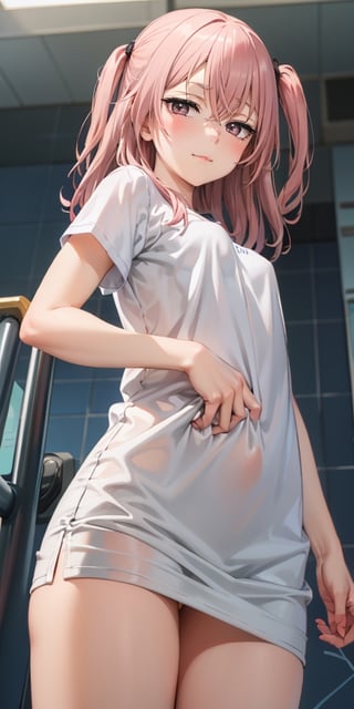 masterpiece, best quality, absurdres, cowboy shot
inui sajuna juju, pink hair, pink eyes, long hair, two side up 1girl, solo, shirt, blush, looking at viewer, white shirt, simple background, short sleeves, bangs, closed mouth, hair between eyes, crossed bangs, cowboy shot, shirt tug, breasts, covering, covering crotch, thighs, small breasts, t-shirt, naked shirt, from below
