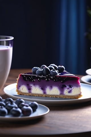 Delicious giant blueberry cheesecake on a dining table in the kitchen, comfortable light ,romantic light, ultra details ,photorealistic, realistic ,gel lighting, Cinematic, Filmic, medium shot, 4k, Front-light, Cinematic Lighting, volumetric Light, Ray Tracing Reflections, Chromatic Aberration, photography, hyper realistic, 4k, 8k,closeup , 
