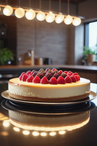 Delicious giant cheesecake on a dining table in the kitchen, comfortable light ,romantic light, ultra details ,photorealistic, realistic ,gel lighting, Cinematic, Filmic, medium shot, 4k, Front-light, Cinematic Lighting, volumetric Light, Ray Tracing Reflections, Chromatic Aberration, photography, hyper realistic, 4k, 8k,closeup , 
