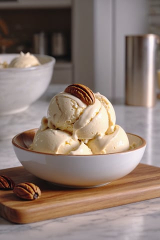 Delicious bowl of butter pecan ice cream on a dining table in the kitchen, comfortable light ,romantic light, ultra details ,photorealistic, realistic ,gel lighting, Cinematic, Filmic, medium shot, 4k, Front-light, Cinematic Lighting, volumetric Light, Ray Tracing Reflections, Chromatic Aberration, photography, hyper realistic, 4k, 8k,closeup , 
