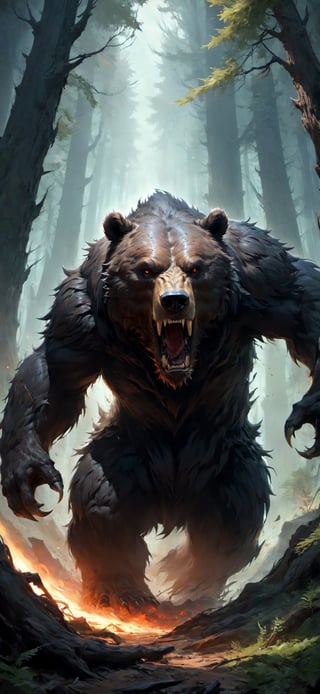 giant dire bear, roaring with rage, (walking through forest), sprinting, torn flesh, tattered clothes, fantasy magic, undercut hairstyle, dark light night, intricate, elegant, sharp focus, illustration, highly detailed, digital painting, concept art, matte, art by wlop and artgerm and greg rutkowski and alphonse mucha, masterpiece, monster
