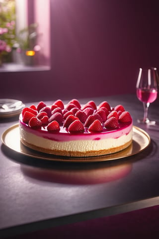 Delicious giant raspberry cheesecake on a dining table in the kitchen, comfortable light ,romantic light, ultra details ,photorealistic, realistic ,gel lighting, Cinematic, Filmic, medium shot, 4k, Front-light, Cinematic Lighting, volumetric Light, Ray Tracing Reflections, Chromatic Aberration, photography, hyper realistic, 4k, 8k,closeup , 
